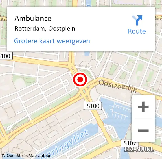 Locatie op kaart van de 112 melding: Ambulance Rotterdam, Oostplein op 7 december 2017 18:45
