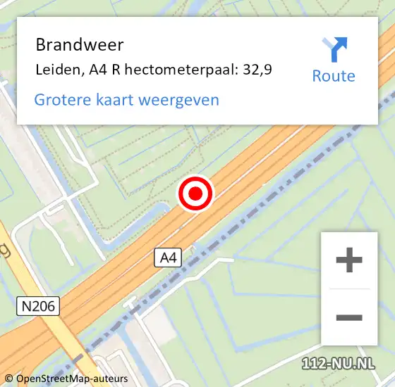 Locatie op kaart van de 112 melding: Brandweer Leiden, A4 R hectometerpaal: 36,3 op 10 december 2017 00:42