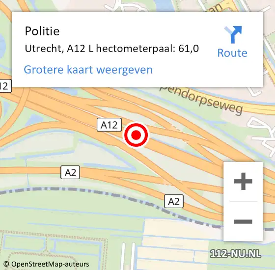 Locatie op kaart van de 112 melding: Politie Utrecht, A12 L hectometerpaal: 56,5 op 10 december 2017 14:28
