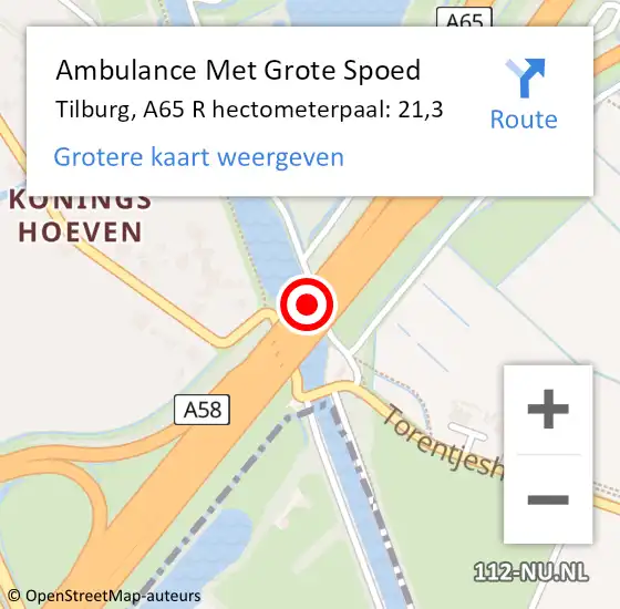 Locatie op kaart van de 112 melding: Ambulance Met Grote Spoed Naar Tilburg, A65 R hectometerpaal: 21,3 op 11 december 2017 11:10