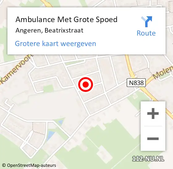 Locatie op kaart van de 112 melding: Ambulance Met Grote Spoed Naar Angeren, Beatrixstraat op 11 december 2017 22:14