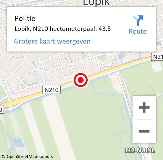 Locatie op kaart van de 112 melding: Politie Lopik, N210 hectometerpaal: 43,5 op 11 december 2017 22:24