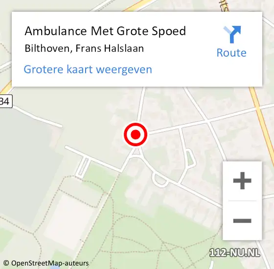 Locatie op kaart van de 112 melding: Ambulance Met Grote Spoed Naar Bilthoven, Frans Halslaan op 12 december 2017 05:44