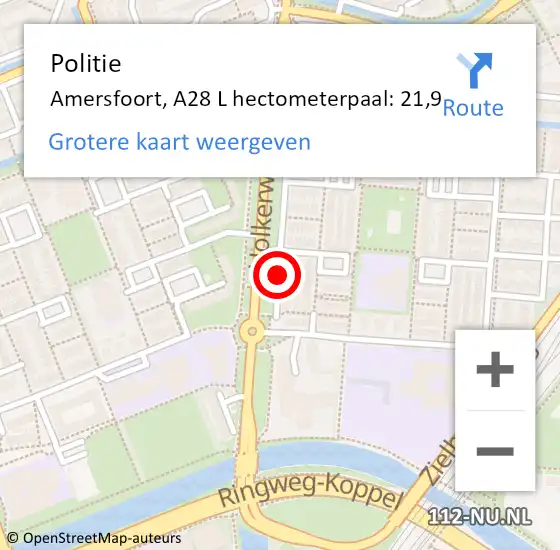 Locatie op kaart van de 112 melding: Politie Amersfoort, A28 L hectometerpaal: 21,9 op 12 december 2017 06:22
