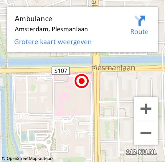 Locatie op kaart van de 112 melding: Ambulance Amsterdam, Plesmanlaan op 12 december 2017 11:43