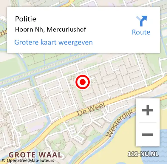 Locatie op kaart van de 112 melding: Politie Hoorn Nh, Mercuriushof op 12 december 2017 20:14