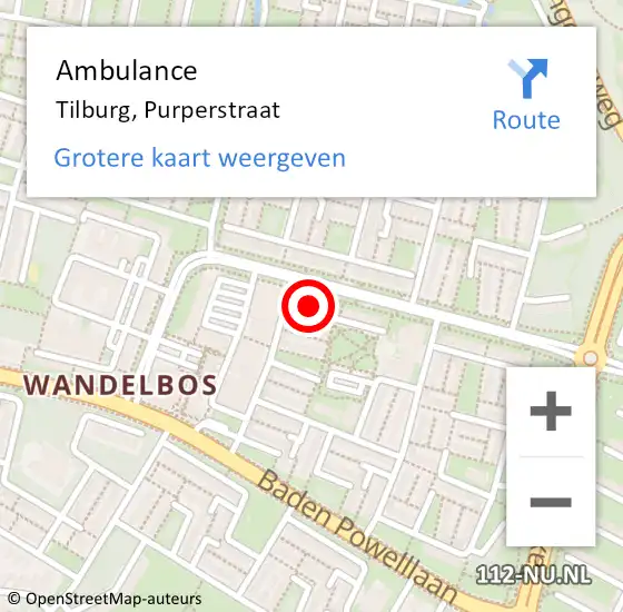 Locatie op kaart van de 112 melding: Ambulance Tilburg, Purperstraat op 13 december 2017 09:32