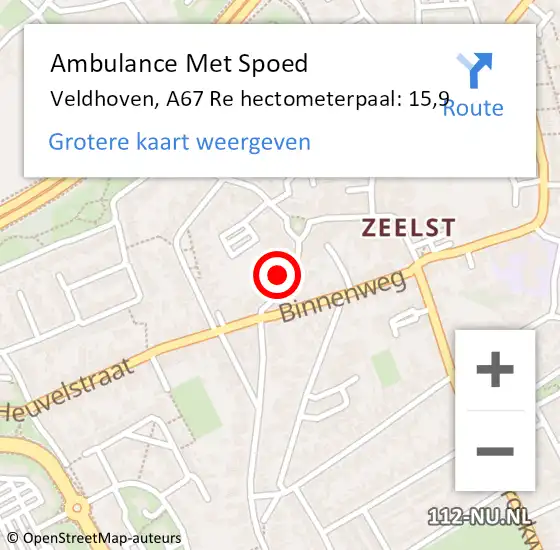 Locatie op kaart van de 112 melding: Ambulance Met Spoed Naar Veldhoven, A67 Re hectometerpaal: 15,9 op 13 december 2017 17:54