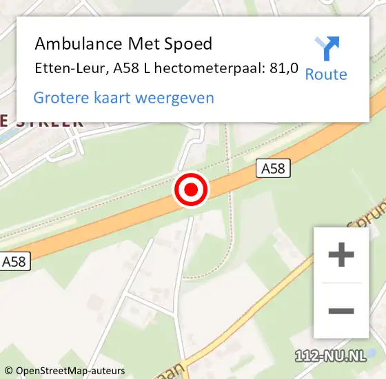 Locatie op kaart van de 112 melding: Ambulance Met Spoed Naar Etten-Leur, A58 L hectometerpaal: 81,0 op 13 december 2017 17:57