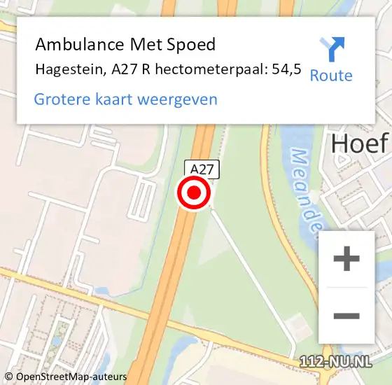 Locatie op kaart van de 112 melding: Ambulance Met Spoed Naar Hagestein, A27 R hectometerpaal: 54,5 op 13 december 2017 23:36