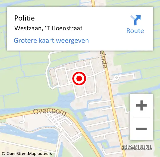 Locatie op kaart van de 112 melding: Politie Westzaan, 'T Hoenstraat op 14 december 2017 06:41