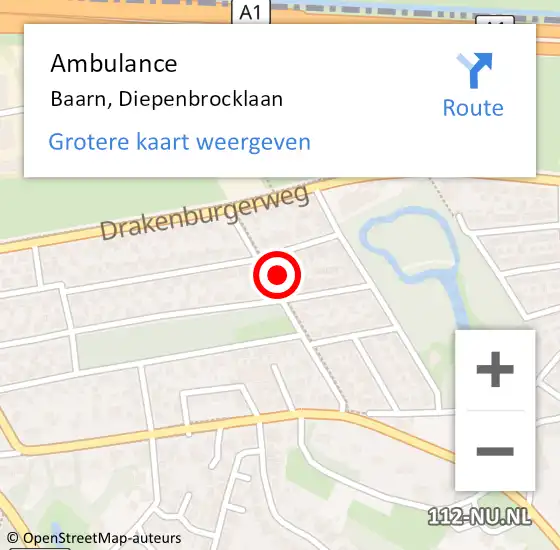 Locatie op kaart van de 112 melding: Ambulance Baarn, Diepenbrocklaan op 14 december 2017 07:48