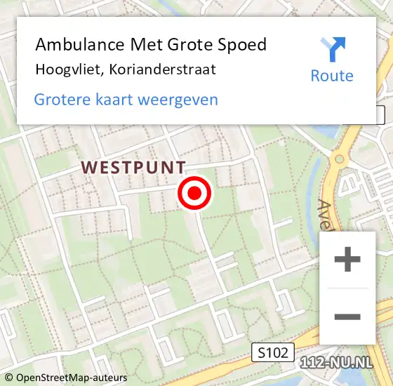 Locatie op kaart van de 112 melding: Ambulance Met Grote Spoed Naar Hoogvliet, Korianderstraat op 14 december 2017 08:25
