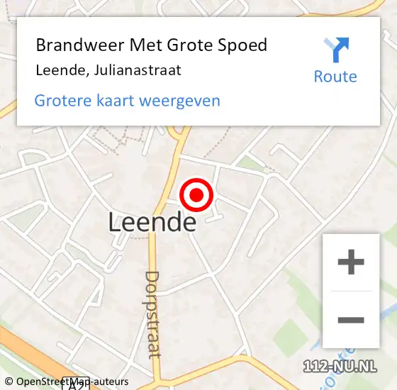 Locatie op kaart van de 112 melding: Brandweer Met Grote Spoed Naar Leende, Julianastraat op 14 december 2017 11:17