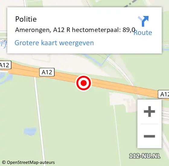 Locatie op kaart van de 112 melding: Politie Amerongen, A12 R hectometerpaal: 89,0 op 14 december 2017 18:18