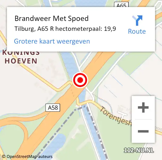 Locatie op kaart van de 112 melding: Brandweer Met Spoed Naar Tilburg, A65 R hectometerpaal: 19,9 op 15 december 2017 07:24