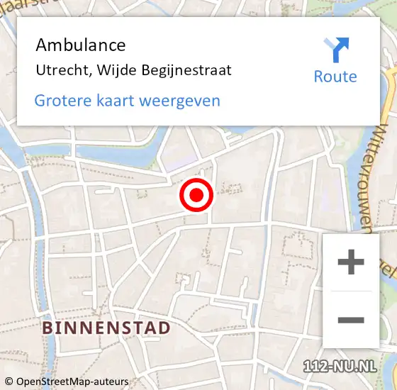 Locatie op kaart van de 112 melding: Ambulance Utrecht, Wijde Begijnestraat op 15 december 2017 08:45