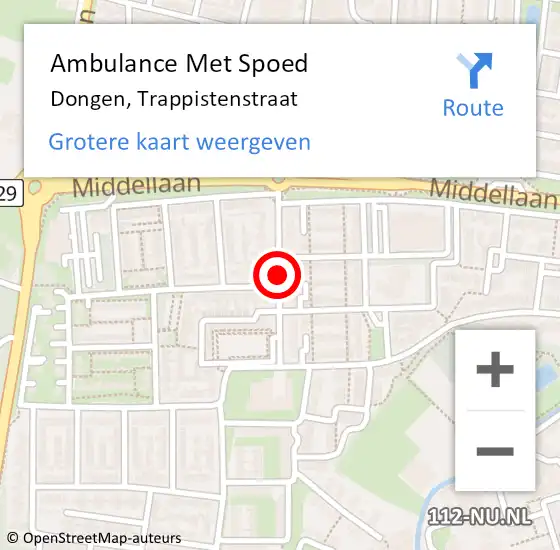 Locatie op kaart van de 112 melding: Ambulance Met Spoed Naar Dongen, Trappistenstraat op 15 december 2017 16:02