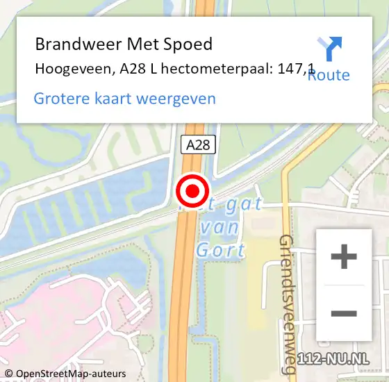 Locatie op kaart van de 112 melding: Brandweer Met Spoed Naar Hoogeveen, A28 L hectometerpaal: 147,1 op 17 december 2017 16:16