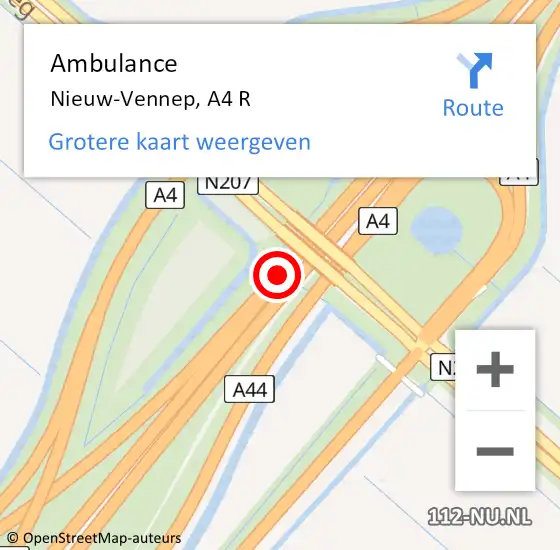 Locatie op kaart van de 112 melding: Ambulance Nieuw-Vennep, A4 R op 18 december 2017 17:15