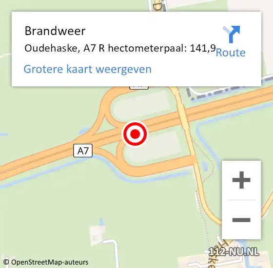 Locatie op kaart van de 112 melding: Brandweer Oudehaske, A7 R hectometerpaal: 141,9 op 21 december 2017 00:03