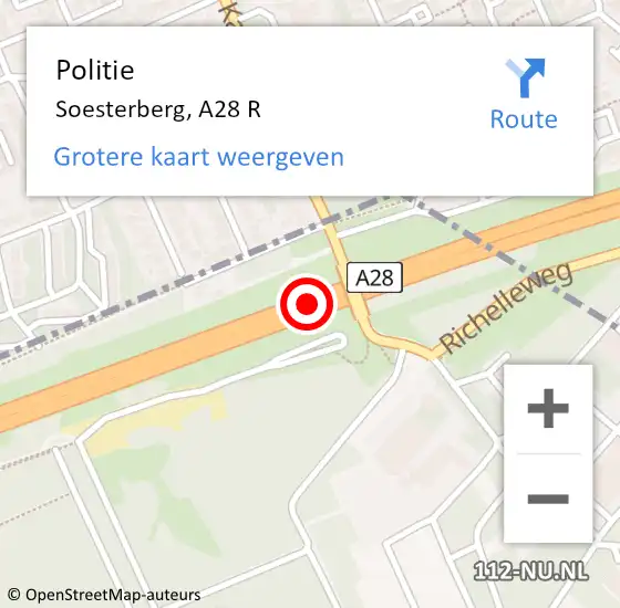 Locatie op kaart van de 112 melding: Politie Soesterberg, A28 R hectometerpaal: 11,2 op 21 december 2017 05:31