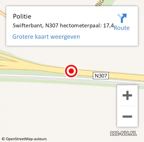 Locatie op kaart van de 112 melding: Politie Swifterbant, N307 hectometerpaal: 14,6 op 21 december 2017 19:29