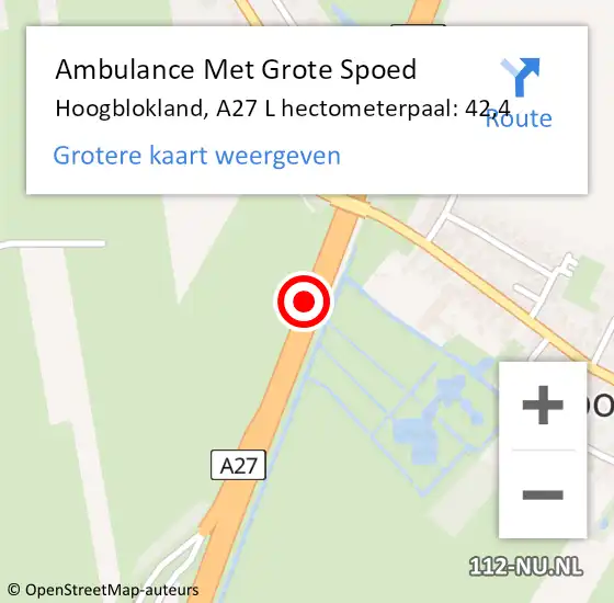 Locatie op kaart van de 112 melding: Ambulance Met Grote Spoed Naar Hoogblokland, A27 L hectometerpaal: 42,4 op 22 december 2017 19:35