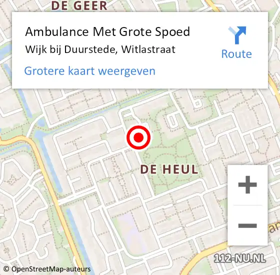Locatie op kaart van de 112 melding: Ambulance Met Grote Spoed Naar Wijk bij Duurstede, Witlastraat op 23 december 2017 11:45