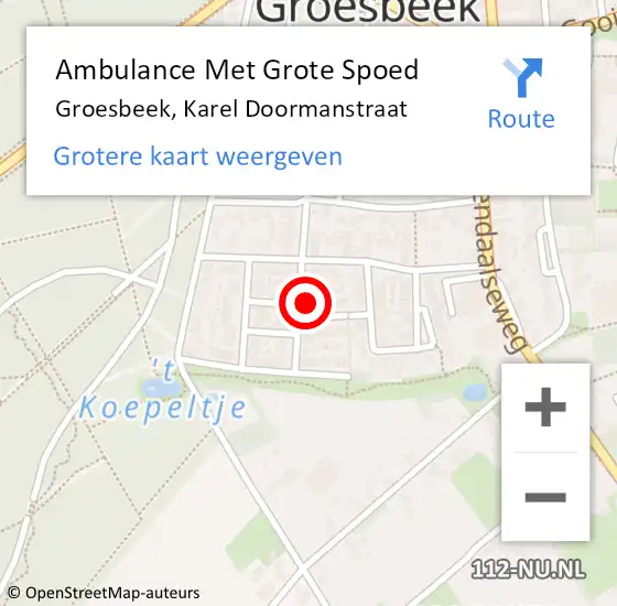 Locatie op kaart van de 112 melding: Ambulance Met Grote Spoed Naar Groesbeek, Karel Doormanstraat op 23 december 2017 16:48