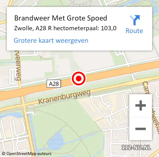 Locatie op kaart van de 112 melding: Brandweer Met Grote Spoed Naar Zwolle, A28 R hectometerpaal: 103,0 op 25 december 2017 12:22