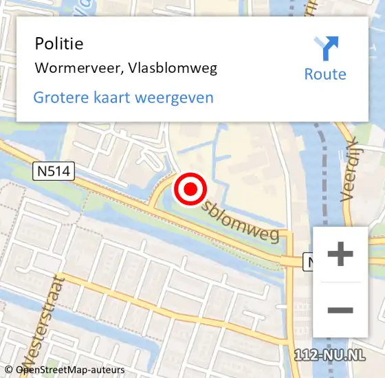 Locatie op kaart van de 112 melding: Politie Wormerveer, Vlasblomweg op 25 december 2017 18:37