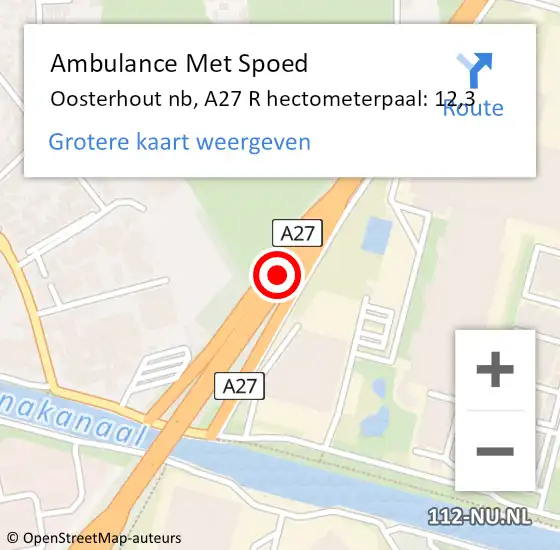 Locatie op kaart van de 112 melding: Ambulance Met Spoed Naar Oosterhout nb, A27 R hectometerpaal: 12,3 op 26 december 2017 16:07