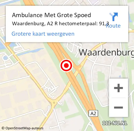 Locatie op kaart van de 112 melding: Ambulance Met Grote Spoed Naar Waardenburg, A2 L hectometerpaal: 94,4 op 27 december 2017 14:33