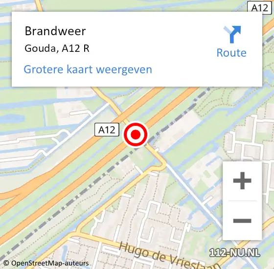 Locatie op kaart van de 112 melding: Brandweer Gouda, A12 R op 28 december 2017 12:04