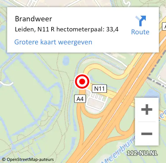Locatie op kaart van de 112 melding: Brandweer Leiden, N11 R hectometerpaal: 33,4 op 28 december 2017 14:02