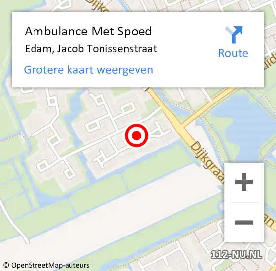 Locatie op kaart van de 112 melding: Ambulance Met Spoed Naar Edam, Jacob Tonissenstraat op 29 december 2017 05:16