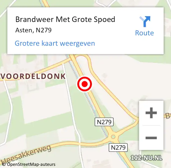 Locatie op kaart van de 112 melding: Brandweer Met Grote Spoed Naar Asten, N279 op 30 december 2017 03:27