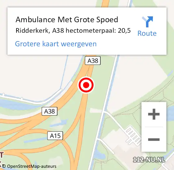 Locatie op kaart van de 112 melding: Ambulance Met Grote Spoed Naar Ridderkerk, A38 hectometerpaal: 20,5 op 31 december 2017 13:17