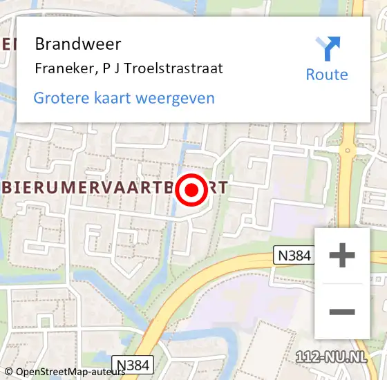 Locatie op kaart van de 112 melding: Brandweer Franeker, P J Troelstrastraat op 1 januari 2018 02:28