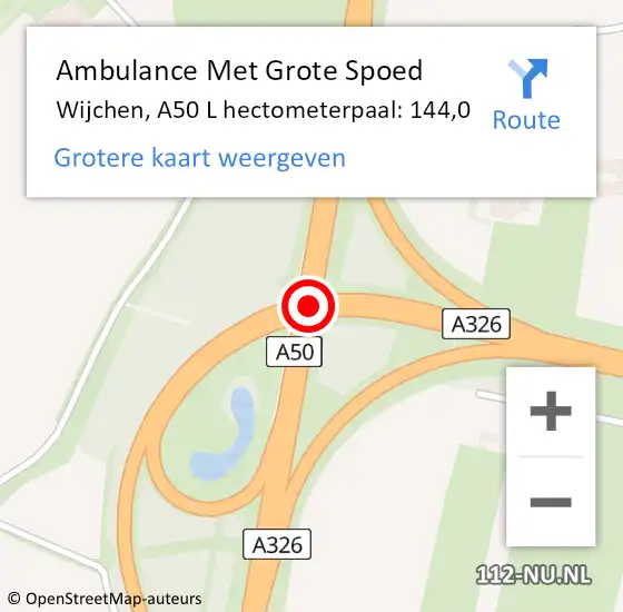 Locatie op kaart van de 112 melding: Ambulance Met Grote Spoed Naar Wijchen, A50 L hectometerpaal: 144,0 op 1 januari 2018 06:53