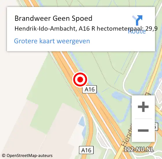 Locatie op kaart van de 112 melding: Brandweer Geen Spoed Naar Hendrik-Ido-Ambacht, A16 R hectometerpaal: 29,9 op 1 januari 2018 18:49