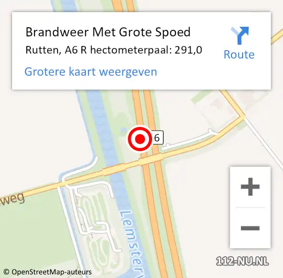 Locatie op kaart van de 112 melding: Brandweer Met Grote Spoed Naar Rutten, A6 R hectometerpaal: 291,0 op 3 januari 2018 11:30