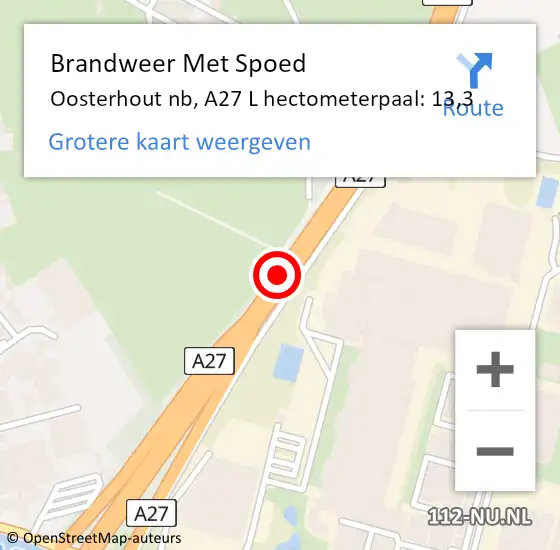 Locatie op kaart van de 112 melding: Brandweer Met Spoed Naar Oosterhout nb, A27 L hectometerpaal: 16,4 op 3 januari 2018 12:23