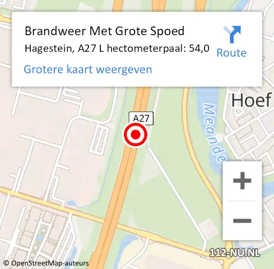 Locatie op kaart van de 112 melding: Brandweer Met Grote Spoed Naar Hagestein, A27 L hectometerpaal: 54,0 op 4 januari 2018 04:12