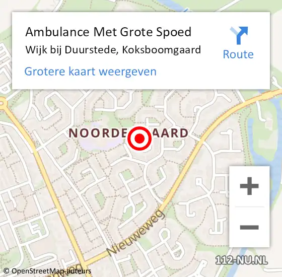 Locatie op kaart van de 112 melding: Ambulance Met Grote Spoed Naar Wijk bij Duurstede, Koksboomgaard op 4 januari 2018 22:23