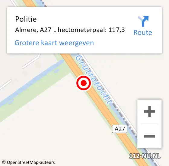 Locatie op kaart van de 112 melding: Politie Almere, A27 L hectometerpaal: 113,4 op 5 januari 2018 16:40