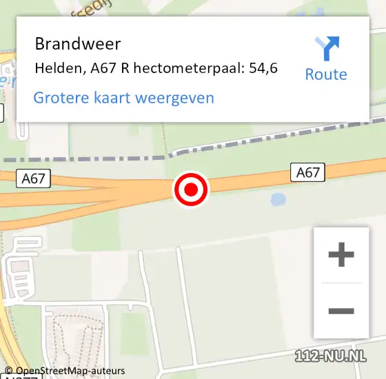 Locatie op kaart van de 112 melding: Brandweer Helden, A67 R hectometerpaal: 54,6 op 5 januari 2018 21:38