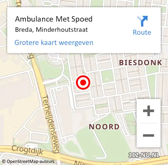 Locatie op kaart van de 112 melding: Ambulance Met Spoed Naar Breda, Minderhoutstraat op 6 januari 2018 05:01