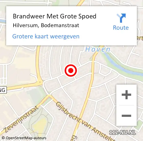 Locatie op kaart van de 112 melding: Brandweer Met Grote Spoed Naar Hilversum, Bodemanstraat op 6 januari 2018 11:51